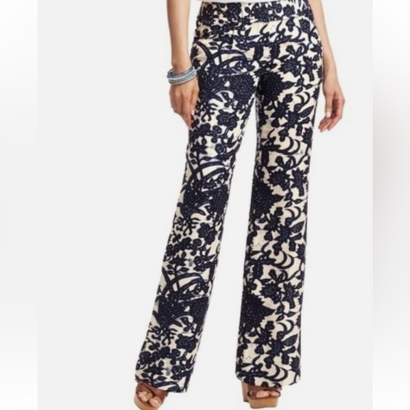 ANN TAYLOR-LOFT Navy and beige floral Marisa linen blend Pants size 6 - Picture 1 of 15